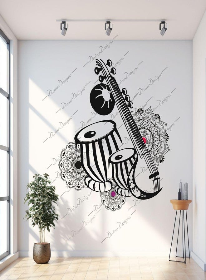DivineDesigns ملصق فني بتصميم ماندالا أسود وجميل من DivineDesigns لآلة السيتار والطبلا من DivineDesigns - Image 1
